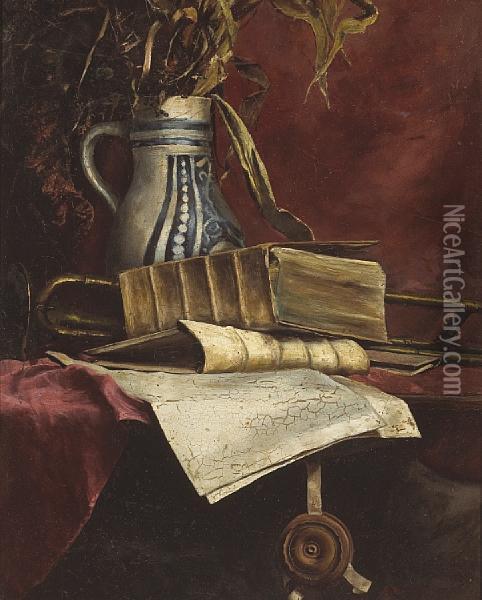 Still Life With Trombone And Books On Atable Oil Painting - John Bond Francisco