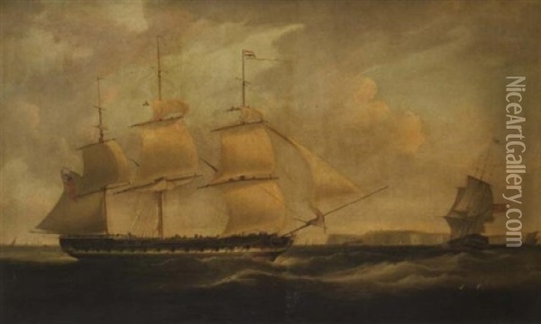 An East Indiaman In Three Positions Off Dover Oil Painting - William John Huggins