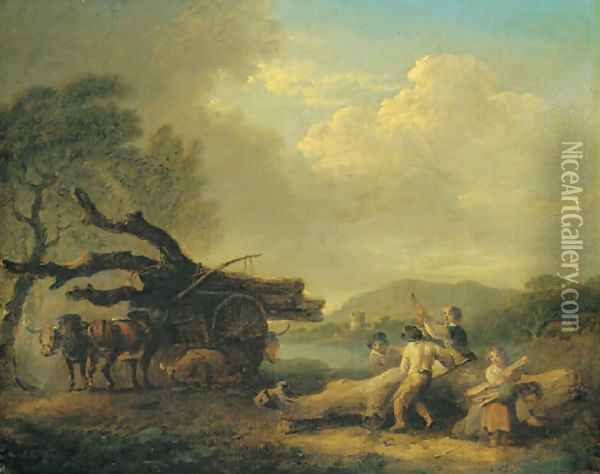 Children gathering firewood, an ox-drawn cart standing beside Oil Painting - Julius Caesar Ibbetson