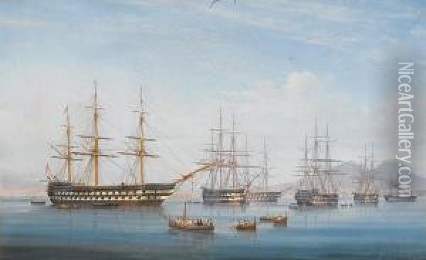 Ships Of The Mediterranean Fleet Lying Atanchor In The Bay Of Naples Oil Painting - de Simone Tommaso