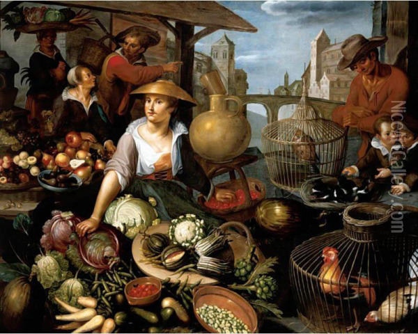 A Market-stall With A Still Life Of Vegetables, Fruit And Birds Oil Painting - Jean Baptiste de Saive