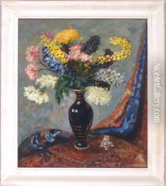 Bunter Blumenstraus In Dunkler Balustervase Auf Einer Draperie Vor Neutralem Hintergrund Oil Painting - Carl Wilhelm Mosblech