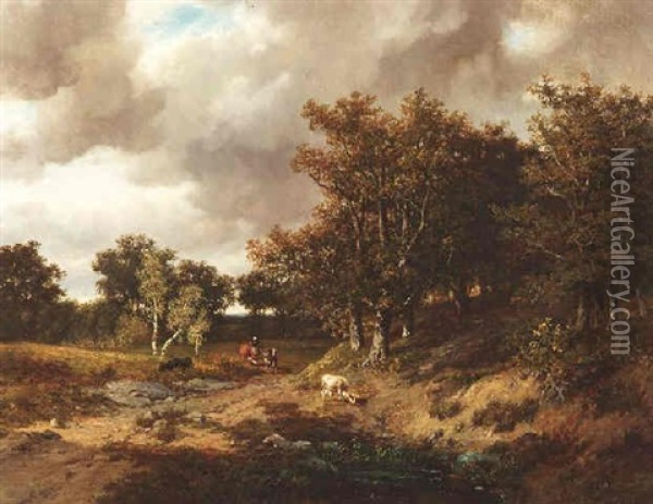 Vor Dem Gewitter. Sommerliche Waldlandschaft Mit Hirten Und Vieh Oil Painting - Francois Auguste Ortmans