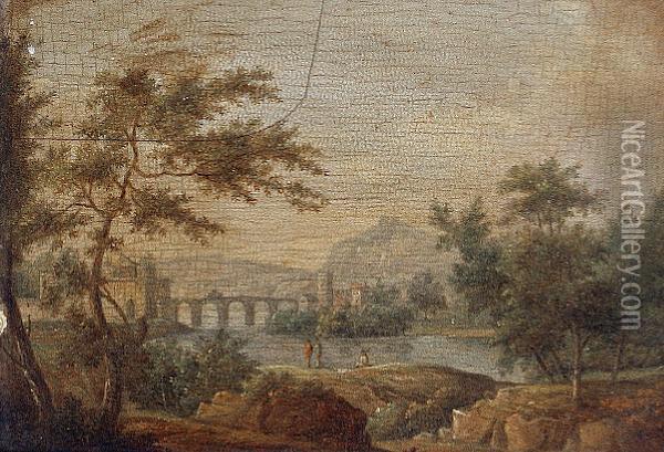 An Extensive River Landscape 
With Figures Resting On The Shore And An Aqueduct In The Distance Oil Painting - Christian Georg Schuttz II