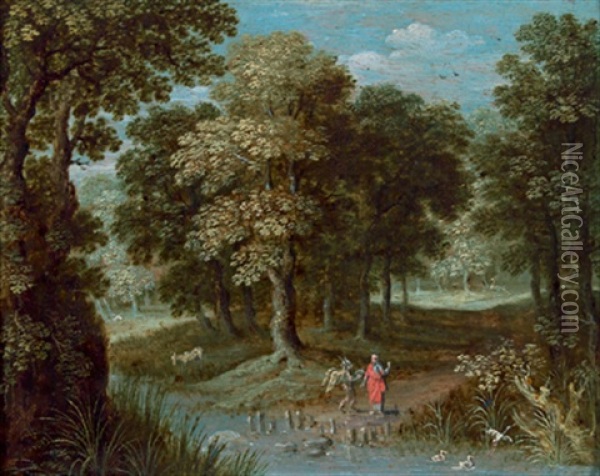 Elias Mit Dem Engel In Einer Paradiesischen Waldlandschaft Oil Painting - Jasper van der Laanen