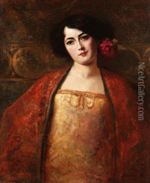 Portrait Of A Lady In A Red Shawl Oil Painting - Jean Joseph Benjamin Constant