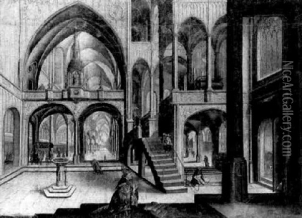 Interieur De Cathedrale Gothique Avec Le Pape Adriaen Vi En Priere Oil Painting - Hendrick Aerts