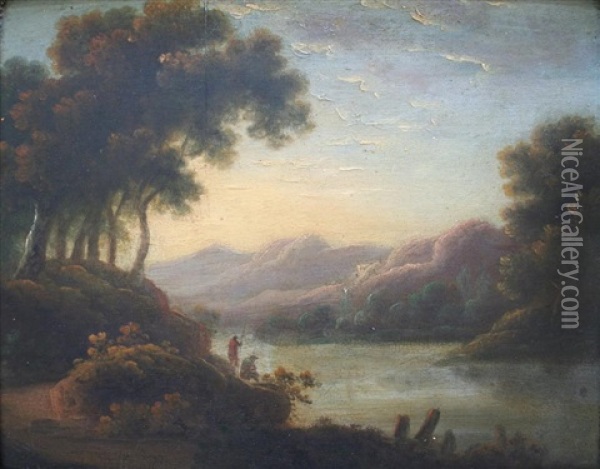 Extensive Lake Landscape With Figures (+ Another; Pair) Oil Painting - John Rathbone