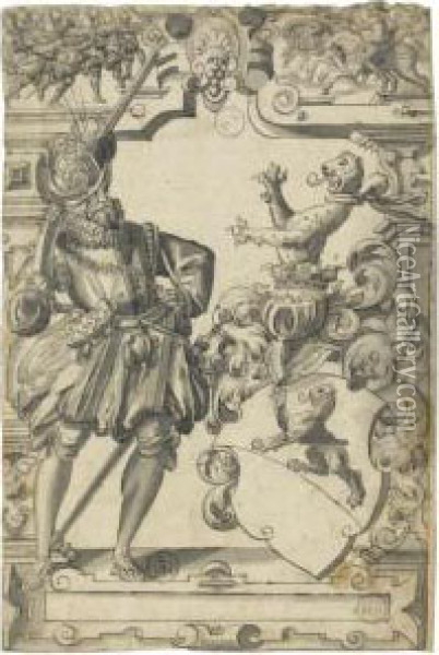 The Arms Of The Escher Zum Luchs With A Musketeer, A Battle Sceneabove Oil Painting - Christoph Murer