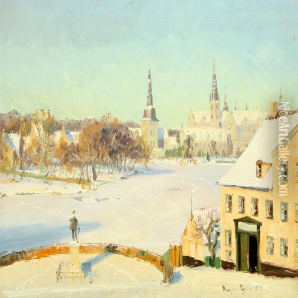Wintry Scenery Fromhillerod With Frederiksborg Castle In The Background Oil Painting - Mogens Ege