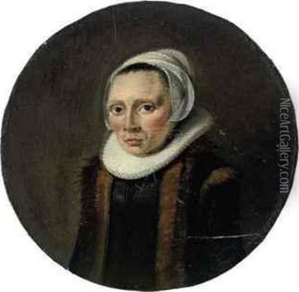 Portrait Of A Lady, Half-length, In A Black Dress And Fur-trimmedcoat With A Ruff And Lace Cap; And Portrait Of A Gentleman,half-length, In A Black Coat And Cap Oil Painting - Gonzales Cocques