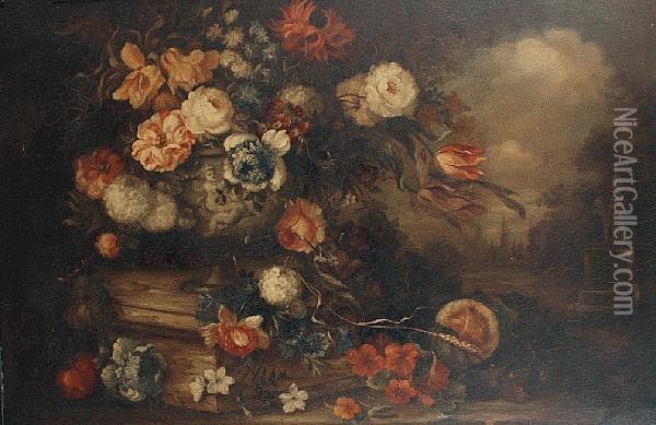 Roses, Tulips, Snowballs, 
Narcissi And Otherflowers In A Vase On A Stone Plinth Before A Landscape Oil Painting - Pieter III Casteels