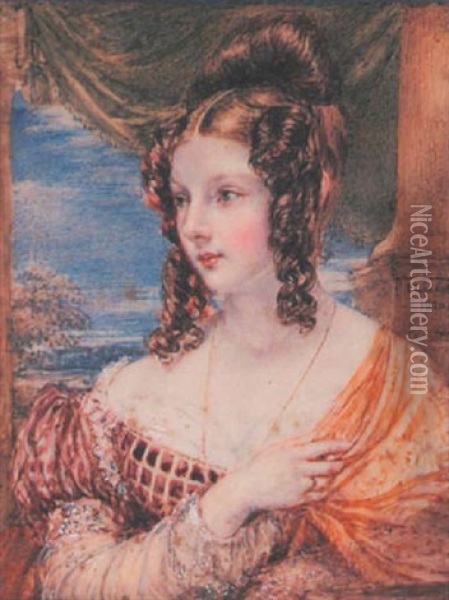 Lady Elizabeth Belgrave Wearing Decollete Burgundy And White Dress, Hand Raised To Hold A Golden Shawl, Her Hair Upswept And In Ringlets Oil Painting - John Linnell