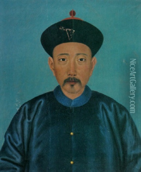 A Portrait Of A Chinese Man Wearing A Royal Blue Silk Coat With Gold Buttons And A Black Cap With Red Ornamentation Oil Painting - Jean-Denis Attiret