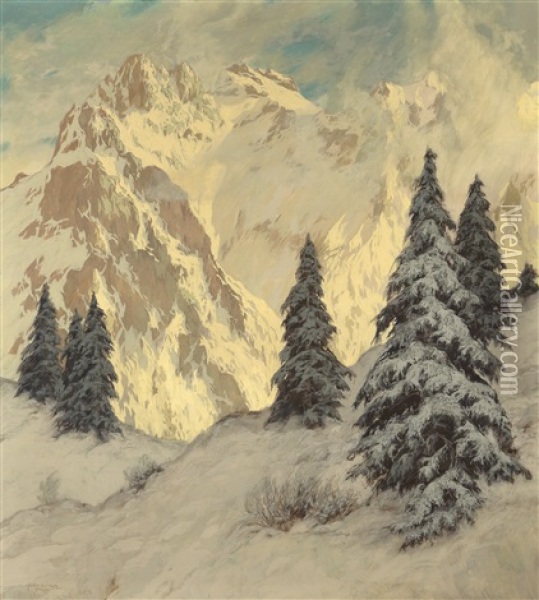 Winterabend Im Karwendell Oil Painting - Hugo Hodiener (Hodina)