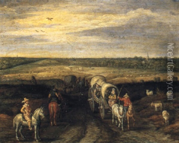 An Extensive Landscape With Waggons On An Open Road Oil Painting - Jan Brueghel the Elder