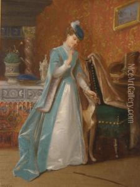 Lady In An Interior With Her Dog Oil Painting - Louis Willems