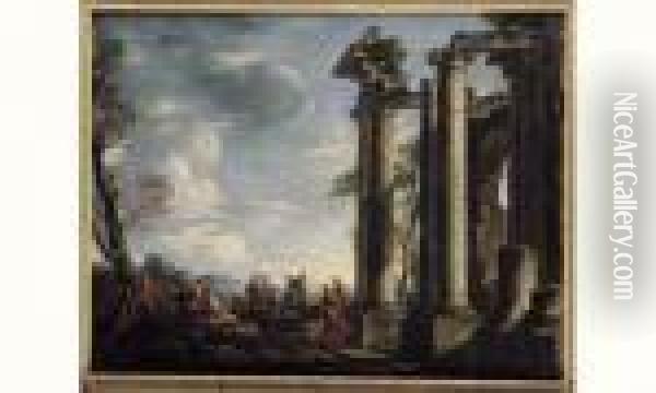 Reunion De Personnages Pres Des Ruines D'un Temple Antique Oil Painting - Giovanni Ghisolfi