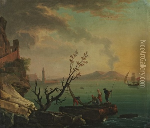Ansicht Von Neapel, Mit Fischern Im Vordergrund Und Dem Vesuv Im Hintergrund Oil Painting - Jean d'Arles Henry