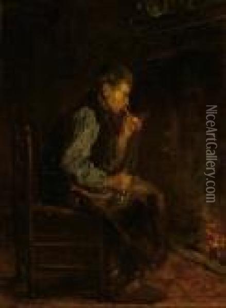 Smoking Man By A Heart-fire Oil Painting - Jozef Israels