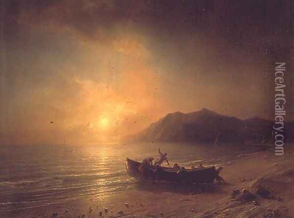 A Coastal Landscape with Arab Fishermen Launching a boat at Sunset Oil Painting - Theodore Gudin
