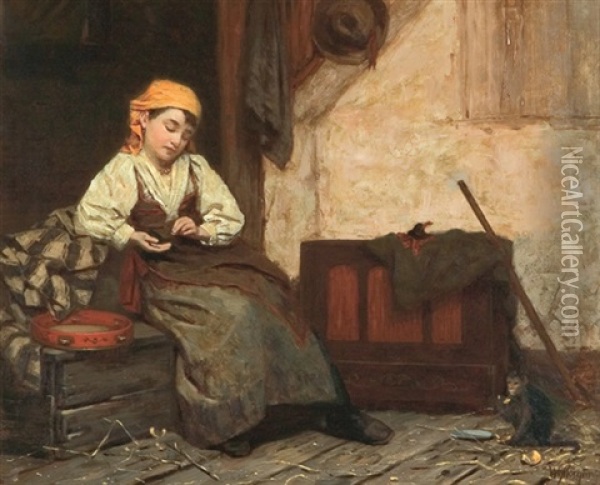 Tambourine Girl With A Monkey Oil Painting - William Morgan