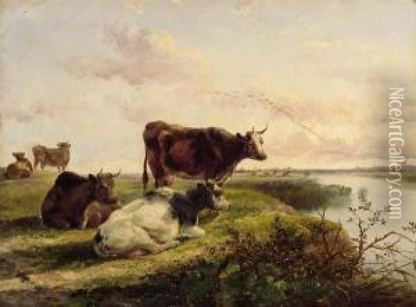 Cattle On A Riverbank Oil Painting - William Howard Hart