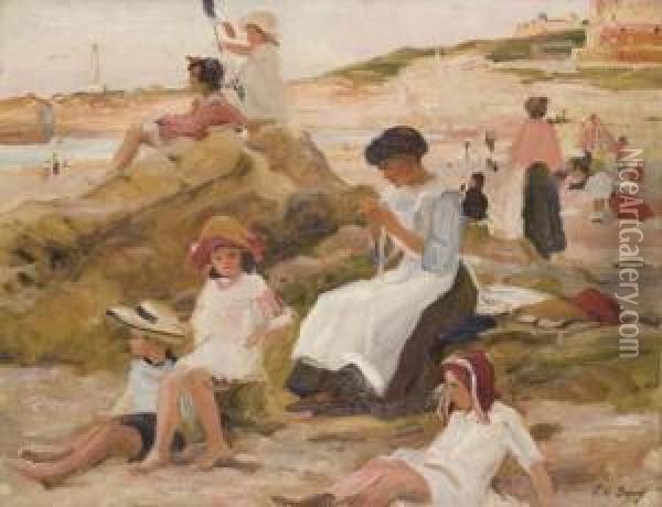 Enfants Jouant Sur La Plage De Biarritz Oil Painting - Paul Michel Dupuy