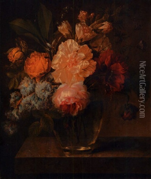 Roses, Hollyhocks, A Peony And Other Flowers In A Glass Vase On A Marble Ledge Oil Painting - Joseph-Laurent Malaine