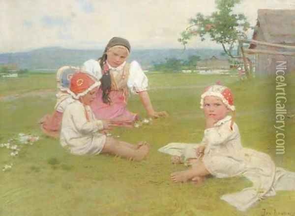 Playtime in the meadow Oil Painting - Josef Douba