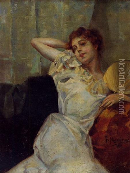 Jeune Elegante A L'eventail Oil Painting - Francisco Masriera Manovens