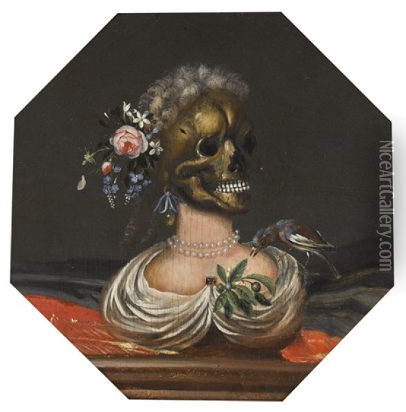 A Vanitas Bust Of A Lady With A Crown Of Flowers On A Ledge Oil Painting - Catharina Ijkens
