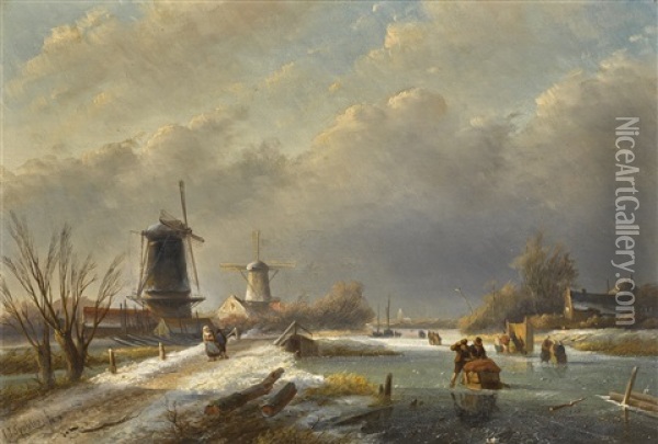 Winter Landscape With Windmills Oil Painting - Jan Jacob Spohler