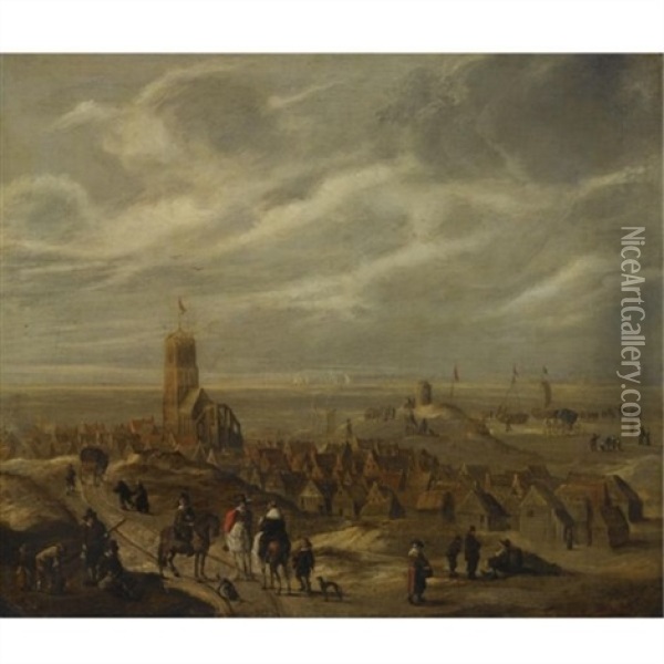 A View Of Egmond Aan Zee With The Oude Kerk, As Seen From The Dunes With Many Figures In The The Foreground Oil Painting - Cornelis Beelt