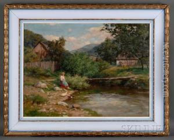 Girl And Ducks At The River's Edge Oil Painting - Tibor Szontagh