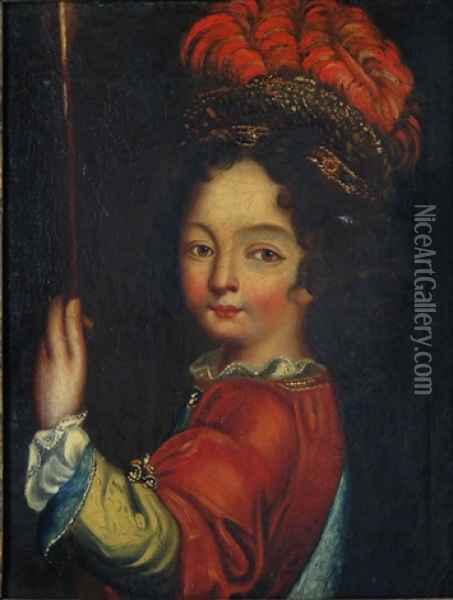 Half Portrait Of Princely Boy Wearing Red Feather Hat Oil Painting - Jean Raoux