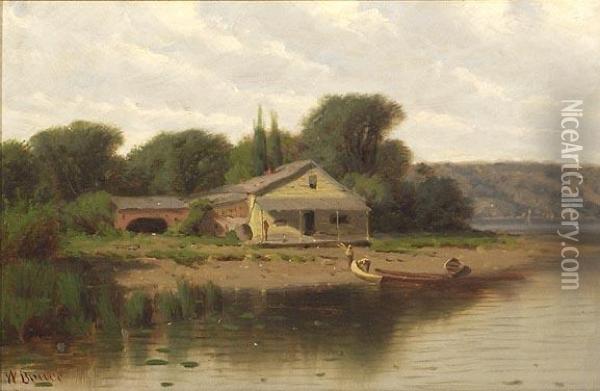 House By Theriver With Figures And Canoes Oil Painting - William Blair Bruce