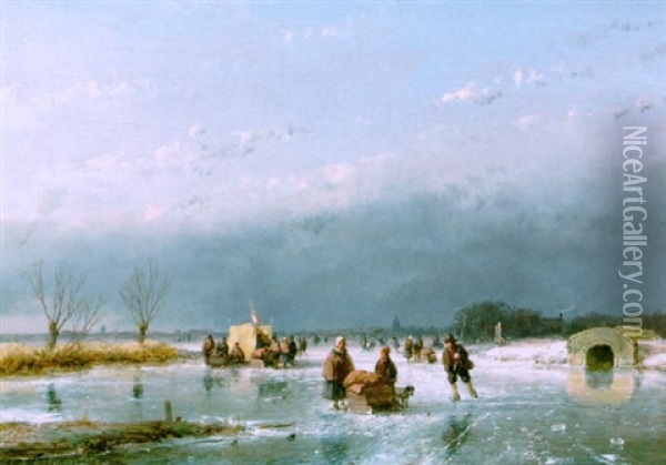 A Frozen Waterway With Skaters And A Koek En Zopie On The Ice Oil Painting - Andreas Schelfhout