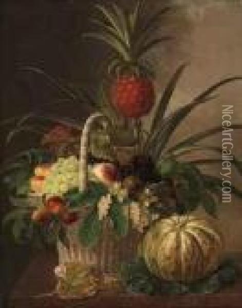 Pineapple, Grapes, Peaches, Nuts, And Berries In A Basket, On Amarble Ledge Oil Painting - Johan Laurentz Jensen