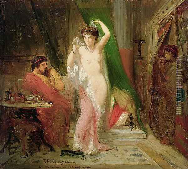 Candaule, King of Lydia, Showing the Beauty of his Queen to his Confidant Gyges, 1850 Oil Painting - Theodore Chasseriau