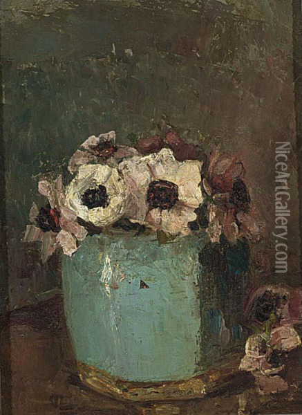 Still Life With Blue Vase And Anemones; Together With Five Other Works Oil Painting - Louise Guyot