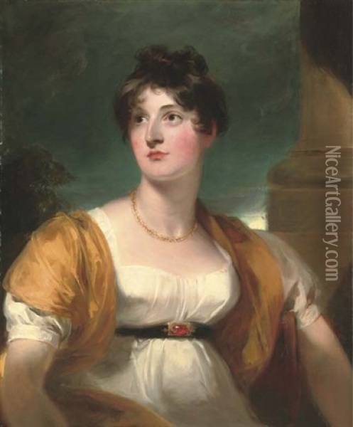 Portrait Of Anne, Lady Lethbridge (d.1857), Half-length, Seated In A White Dress With A Gold Wrap, By A Pillar Oil Painting - Thomas Lawrence