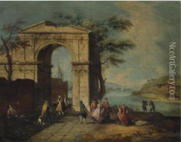 Elegant Figures Standing By A Classical Arch Oil Painting - Francesco Albotto