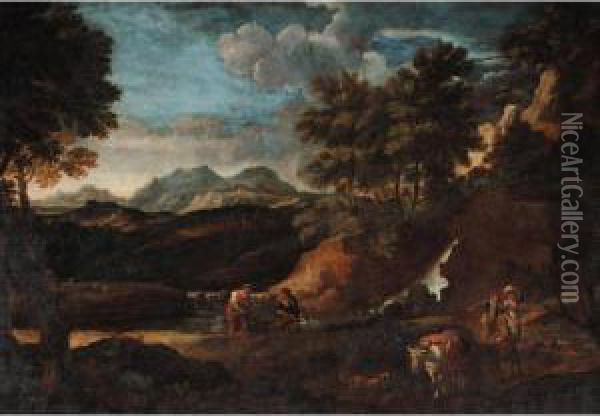 A River Landscape With Travellers And Fishermen Near A Cascade Oil Painting - Bartolomeo Torreggiani