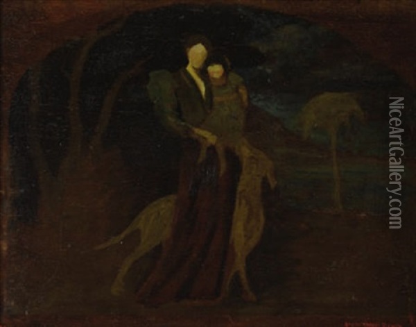 Woman And Child With Dog Oil Painting - George de Forest Brush