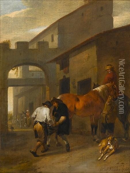 Horsemen And Their Dogs Resting In A Courtyard Oil Painting - Johannes Lingelbach & Hendrick Verschuring