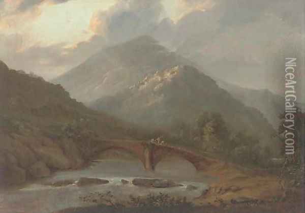 Workers crossing a stone bridge in a highland landscape Oil Painting - John Glover