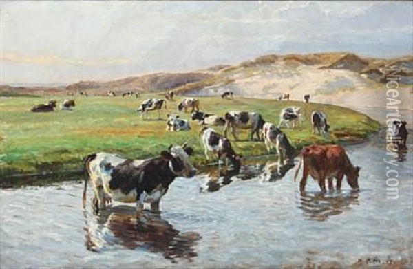 Landscape With Cows At Liver River, Hjorring Oil Painting - Niels Pedersen Mols