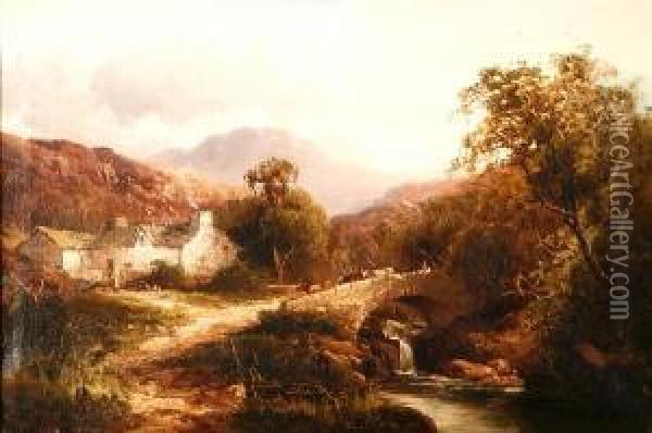 A Cottage In A Mountainous Landscape Withcattle Crossing A Stone Bridge Oil Painting - Tom Seymour