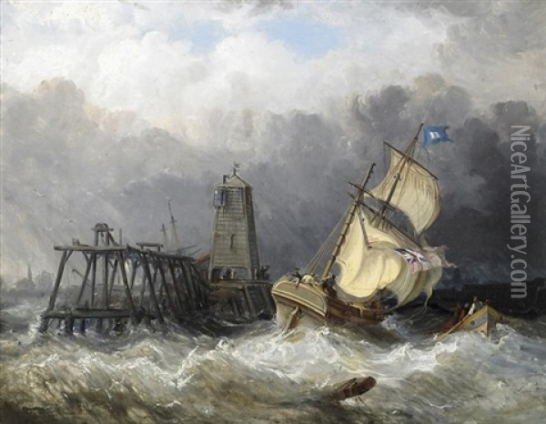 An Mole Anlandende Fischerboote Und Zweimaster In Sturmischer See Oil Painting - George William Crawford Chambers